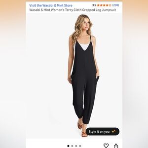 Wasabi & Mint Women's Black Terry Cloth Cropped Leg Jumpsuit with pockets